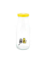 Cats Pattern Glass Bottle 320 Ml Yellow