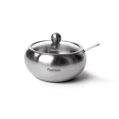 Fissman Kitchen Tableware Sugar Bowl With Glass Lid And Spoon 560 ml (Stainless Steel)