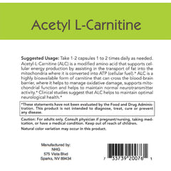 Dietary Supplement Acetyl L-Carnitine 500mg - 100 Veg Capsules