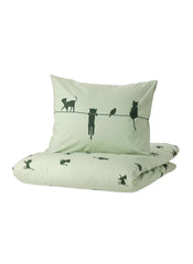 Duvet Cover And Pillow Case Cat Pattern Green 150x200 Cm And 50x80 Cm