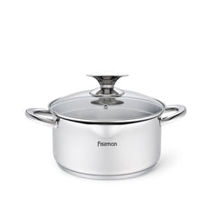 Fissman Kitchen Cookware Stockpot Elegance 18Ã—9 cm / 2.2 Ltr With Glass Lid, Pouring Lip And Lid Strainer (Stainless Steel)