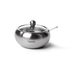 Fissman Kitchen Tableware Sugar Bowl With Glass Lid And Spoon 460 ml (Stainless Steel)