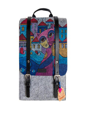 BiggDesign Owl and City Felt Fabric Womens Backpack