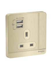 Schneider Electric AvatarOn Metal Gold Hairline Switch Socket Plus 2 USB Chargers E8315USB_GH_G12 3P 13A 250V